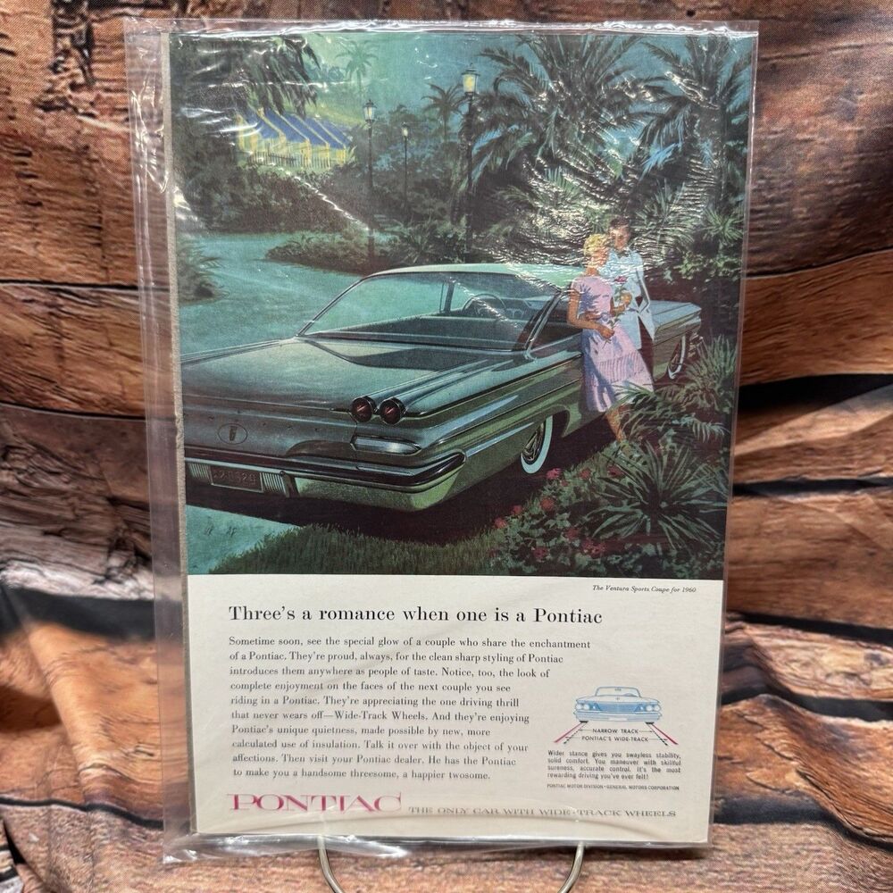 1960 Pontiac Ventura Sports Coupe Vintage Ad Three's A Romance Print 6.5"x10"
